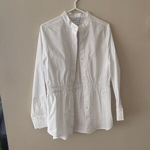 Cotton-Blend White Drawstring-Waist Button-Down Shirt
